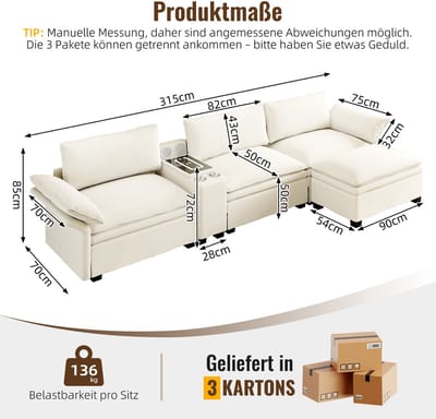 MIVRAY Hoekbank 315 Cm - Modulair Met Opbergruimte, Draadloos Laden En Verlichting - Voor Woonkamer En Kantoor - Chenille Beige