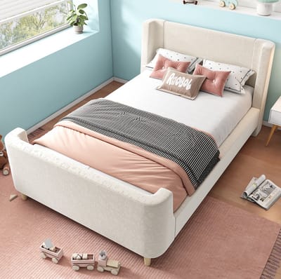 FloraGrace Kinderbed 90x200 cm - Eenpersoonsbed Met Ruimtemotief - Met Lattenbodem - Zonder Matras - Fluweel En Hout - Beige