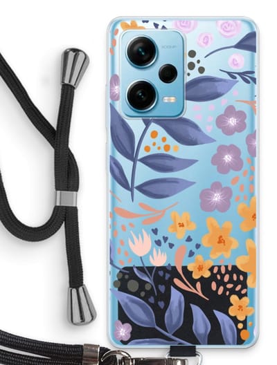 Case Company® - Hoesje met koord geschikt voor Xiaomi Redmi Note 12 Pro Plus hoesje met Koord - Flowers with blue leaves - Telefoonhoesje met Zwart Koord - Bescherming aan alle Kanten en Over de Schermrand
