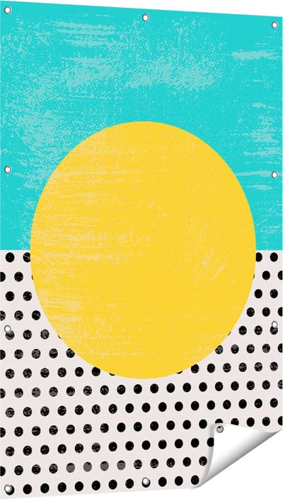 Gards Tuinposter Abstracte Kunst - Zon met Zwarte Stippen - 80x120 cm - Tuindoek - Tuindecoratie - Wanddecoratie buiten - Tuinschilderij