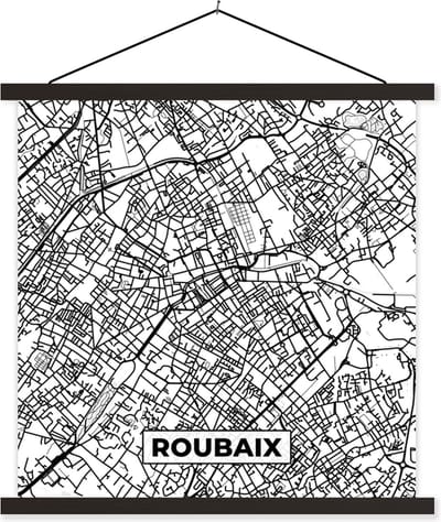 Posterhanger incl. Poster 60x60 cm - Schoolplaat - Kaart - Stadskaart - Roubaix - Frankrijk - Plattegrond - Zwart wit - Textielposter - Zwarte latten - Stadskaart