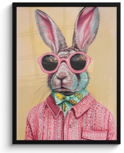 Poster in lijst - Fotolijst 50x70 cm - Posters - Grijs - Konijn - Blouse - Strik - Posterlijst zwart - Decoratie - Wanddecoratie woonkamer - Muurdecoratie slaapkamer