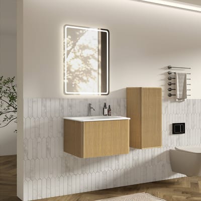 HAUSS SPOLE Badkamerkast - Badkamermeubelset Met LED Spiegel En Wastafel - Wandhangend Voor Kleine Badkamer En Toilet - Eikenkleur - 60 Cm