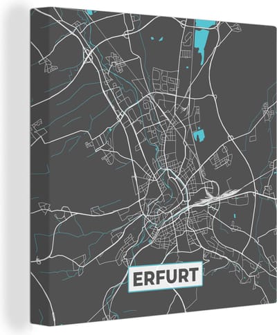 Canvas Schilderij Duitsland – Blauw – Erfurt – Stadskaart – Kaart – Plattegrond - 20x20 cm - Wanddecoratie