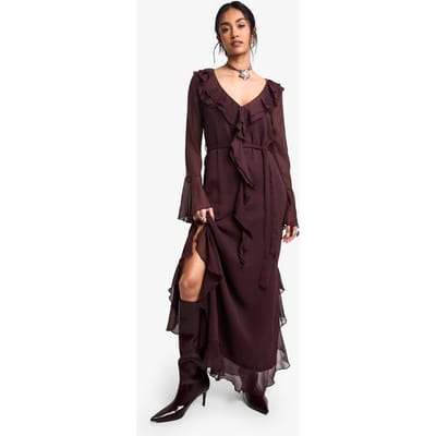 boohoo Dames Ruffle Flare Sleeve Belted Chiffon Maxi Dress | Plum | Maat: 8