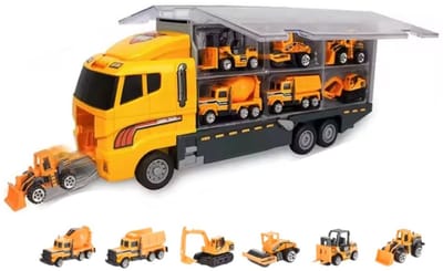 Goodz4All Speelgoed Zand Vrachtwagen Auto met 6 Mini Autootjes - Transportwagen Truck met 6 Miniatuur Auto's Kiepwagen Betonmixer Heftruck Graafmachine Wals Shovel - Bouwvoertuigen Trailer Constructie Autotransporter met Kleine Autootjes