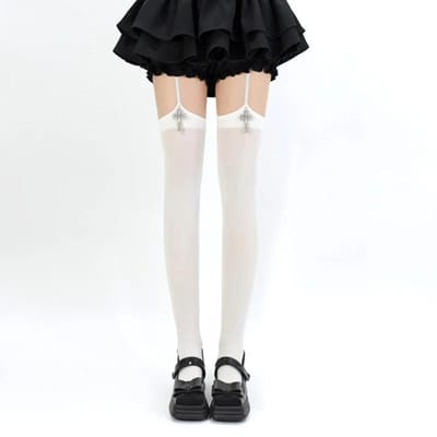 Kruisbandkousen Zwart Gotisch Dames Sexy Kant Jarretel Dij Hoge Buis Ondergoed Panty Cosplay Panty Lingerie One Size white