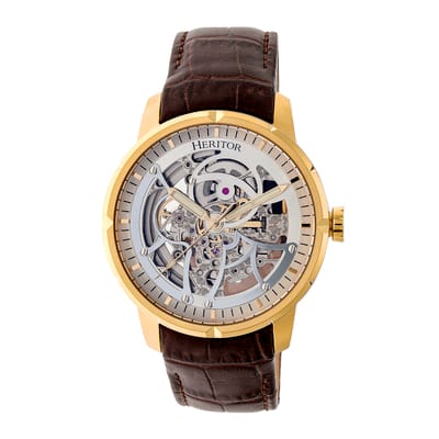 Heritor Automatic Ryder Skeleton leren band horloge - Bruin/Goud