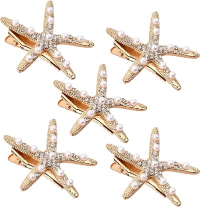 Vijf Stukjes Sterrenvormige Haarspelden met Parels voor Bruiloft en Strand - Decoratieve Haaraccessoires voor Vrouwen en Meisjes
