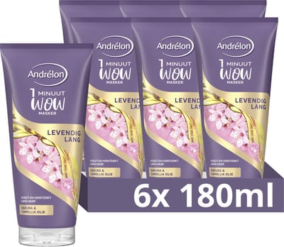Andrélon 1 Minuut WOW Masker - Levendig Lang - verrijkt met sakura- en camellia-olie - 6 x 180 ml