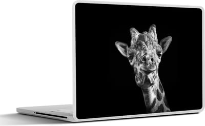 Laptop sticker - 15.6 inch - Giraf afgebeeld in zwart-wit weergegeven op een zwarte achtergrond - 36x27,5cm - Laptopstickers - Laptop skin - Cover