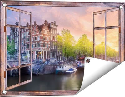 Gards Tuinposter Doorkijk Amsterdamse Grachten - 60x40 cm - Tuindoek - Tuindecoratie - Wanddecoratie buiten - Tuinschilderij