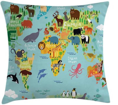ABAKUHAUS Wereldkaart Kussenhoes – 50x50 cm – Dubbelzijdig bedrukt – Blauw Geel Groen