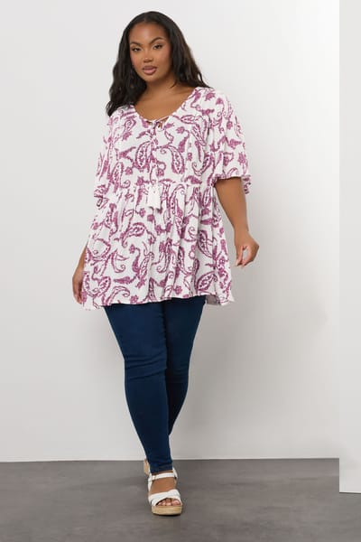 Yours Witte Paisley Print Top Met Strik Aan De Voorkant Size 42
