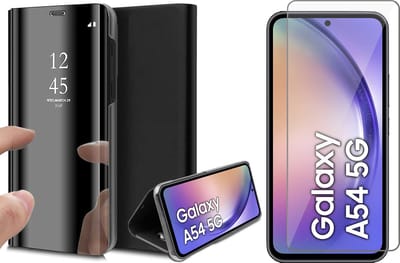 Hoesje geschikt voor Samsung Galaxy A54 - Screen Protector GlassGuard - Book Case Spiegel Zwart & Screenprotector
