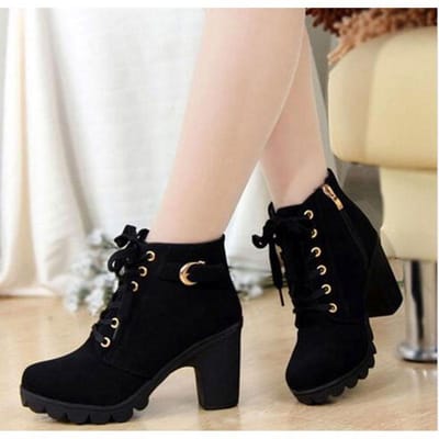 Winter Dames Laarzen PU Leer Mode Hoge Hakken Laarzen Dames Veterschoenen Vrouw 35 zwart
