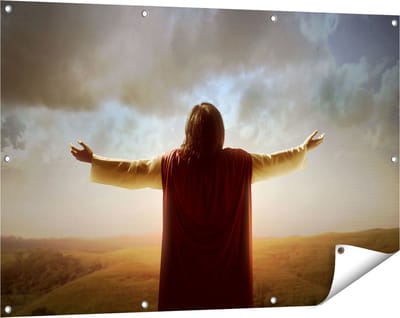 Gards Tuinposter Jezus Christus aan het Bidden bij Zonsopgang - 120x80 cm - Tuindoek - Tuindecoratie - Wanddecoratie buiten - Tuinschilderij