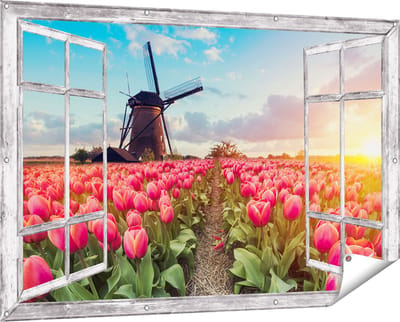 Gards Tuinposter Doorkijk Roze Tulpen Bloemenveld - met Windmolen - 150x100 cm - Tuindoek - Tuindecoratie - Wanddecoratie buiten - Tuinschilderij