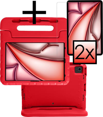 Hoes - Geschikt voor Apple iPad Air (2024/2025/2026) - 13 inch - Met 2x Screenprotector - Kinderhoes Shockproof Bumper - Kidsproof Case - Tablet Hoesje - Kinder Cover - Rood