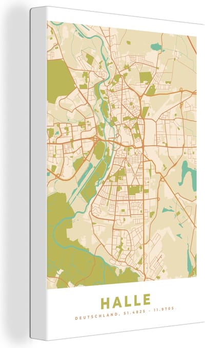 Canvas Schilderij Plattegrond - Halle - Vintage - Stadskaart - Kaart - 20x30 cm - Wanddecoratie