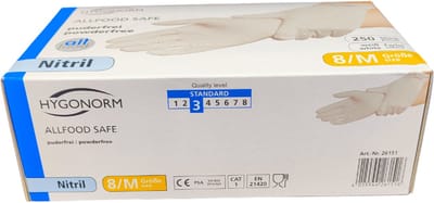 Hygonorm Nitril Handschoenen Maat M – Wit – 250 Stuks – Poedervrij – Allfood Safe – Wegwerphandschoenen voor Voedselverwerking en Hygiëne
