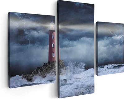 Artaza Canvas Schilderij Drieluik Vuurtoren op een Storm Zee met Golfen Water - 90x60 - Foto Op Canvas - Canvas Print