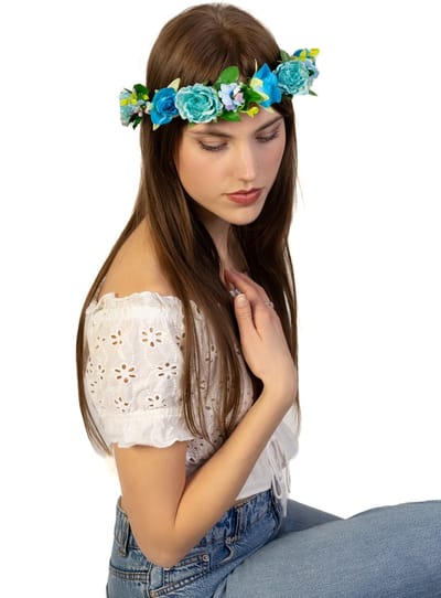 KIMU® Glitter Bloemenkrans Haar Rozenkrans Blauw - Blauwe Bloemen Haarband Diadeem - Romantische Rozen Bloemetjes - Bruidsmeisje Boho Festival