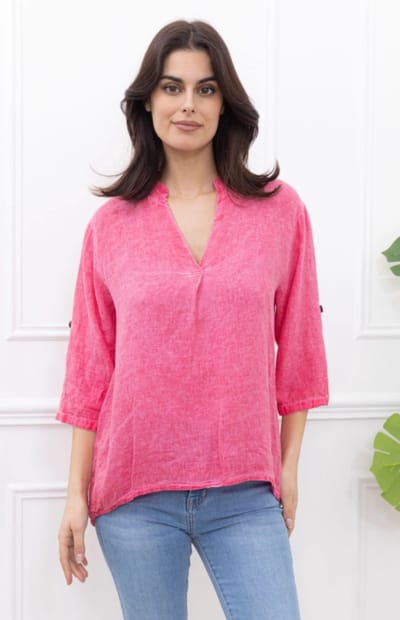 Blouse van puur gewassen linnen met v-hals – oprolbare 3/4 mouwen - FUCHSIA - Maat M
