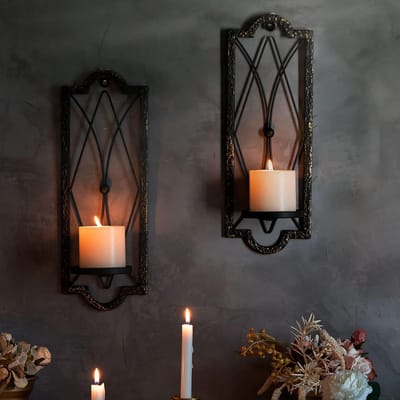 Kaarsenhouder Set - Wanddecoratie Muur - Sfeer Creëren - Vintage Design - 40 cm Hoog - Zwart Goud