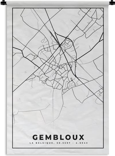 Wandkleed - Wanddoek - Kaart – Plattegrond – Stadskaart – Gembloux – België – Zwart Wit - 120x180 cm - Wandtapijt
