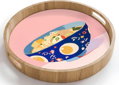 Dienblad rond 40x40 cm - Schootdienblad hout - Noodles - Kom - Blauw - Illustratie - Borrelplank rechthoek - Plateau houten dienbladen