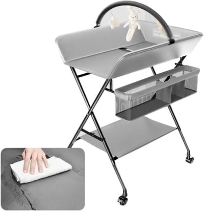 Baby Verschoontafel - Opvouwbaar Wisselstation - Baby Verzorging - Kruisbeenstijl Frame - Met Opbergmand - Grijs