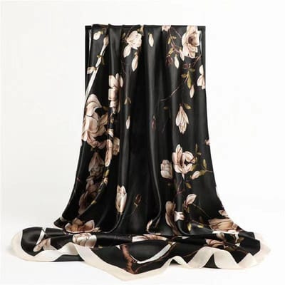 Vierkante zijden imitatie satijn dames elegante sjaal bloemenwikkelsjaal All-match hoofddoek zonnebrandcrème gaas sjaal black