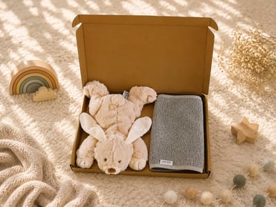 Kraampakket Beige / lichtblauw – Knuffel Konijn & Slab 100% Katoen – Baby Cadeauset – babyshower – baby jongen – Gouden Geschenkverpakking – Brievenbus Kraamcadeau