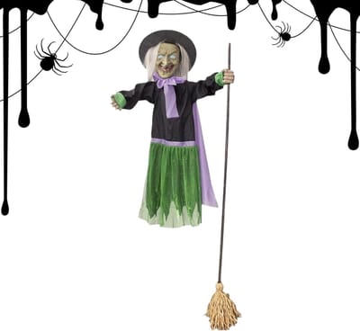 Zwevende Heks - Geanimeerd Figuur - Feest Decoratie - Interactief Geluid - 180 cm Hoog - Groen
