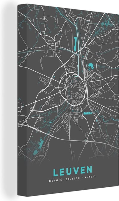 Canvas Schilderij Plattegrond – Leuven – Blauw – Stadskaart - Kaart - België - 20x30 cm - Wanddecoratie