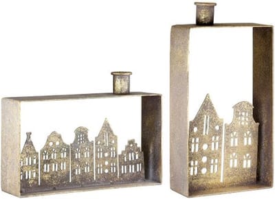 Kandelaar, rechthoekig, "huizenrij", huismotief, metaal, goudkleurig, set van 2