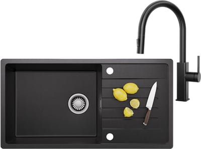 CECIPA MAX Granieten Spoelbak 86x45CM - Spoelbakken Keuken Met Keukenkraan met Uittrekbare Uitloop - Spoelbak Met Planchet en Afdruiprek - Spoelbakken Incl. Sifon en Afvoerzeefje - Zwart