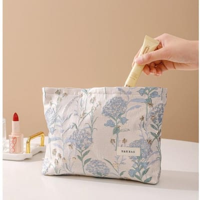 Trousse de maquillage pour femmes, Bouquet rose, rouge à lèvres Portable, coussin d'air, cosmétiques et autres sacs de rangement, trousse de toilette de voyage de haute qualité bleu