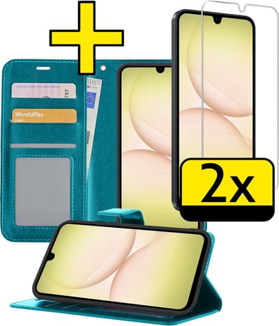 Hoesje - Met 2x Screenprotector - Geschikt voor Samsung Galaxy A17 - Luxe Pasjeshouder - Bookcase Portemonee - Flip Case - Kunstleer Book Case - Flipcase Hoes - Book Cover - Walletcase - Portemonneehoes - Telefoonhoesjes - Turquoise