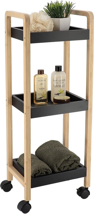 Tendance Keuken/badkamer trolley 3 laags - 29 x 21 x 79 cm - zwart - bamboe hout - met wielen - opberg mandjes/bakjes