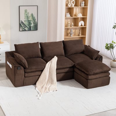 Modulaire 3-zits Corduroy Bank (met voetenbank), 3-Zits Hoekbank L-Bank – incl. kussens en 2 zijvakken, 3-laags Schuim + Veringkern voor Snelle Terugvering. Vrij combineerbaar – Ideaal voor Woonkamers, Kantoren en Meer,Bruin