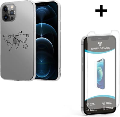 ShieldCase telefoonhoesje geschikt voor Apple iPhone 12 / 12 Pro - 6.1 inch hoesje met atlas/reis patroon - siliconen hoesje met print - shockproof - transparant + glazen Screen Protector