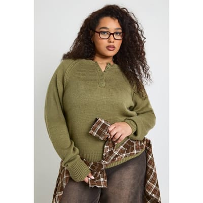boohoo Dames Plus Zichtbare Naad Henley Gebreide Trui | Olive | Maat: 28