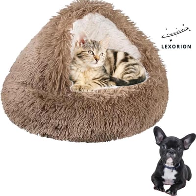 Kattenmand “Shell” Ø 50 cm – Luxe Pluche & Extra Gevuld – Comfortabel Halfgesloten Design – Antislip Bodem – Gradiënt Bruin
