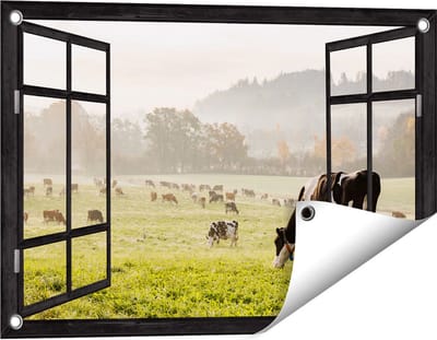 Gards Tuinposter Doorkijk Zwart Witte Koeien in de Wei - 60x40 cm - Tuindoek - Tuindecoratie - Wanddecoratie buiten - Tuinschilderij