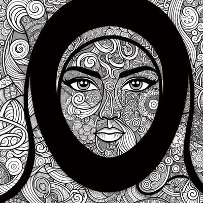 Doodle vrouw schilderij | Dazzling Doodle Diva: A Vibrant Vignette of Feminine Artistry | Kunst - 80x80 centimeter op Dibond | Foto op Dibond