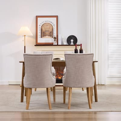 Wishdor - Eetkamerstoel - Gestoffeerde Rugleuning Met Siernagels En Onderhoudsvriendelijke Bekleding - Modern Ontwerp - Voor Eetkamer - Stof, Schuim En Veren, Metaal, Multiplex En Massief Hout - Beige
