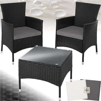 tectake® Loungeset - Wicker Tuinset met Verwisselbare Hoezen - 2 Stoelen en Tafel met Glazen Blad - 2 Outdoor Loungestoelen met Armleuningen en Tuintafel - Tuinmeubelset, Balkonmeubilair - Zwart - Poly-Rattan