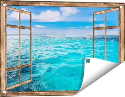 Gards Tuinposter Doorkijk Blauwe Caribische Zee Water - 60x40 cm - Tuindoek - Tuindecoratie - Wanddecoratie buiten - Tuinschilderij